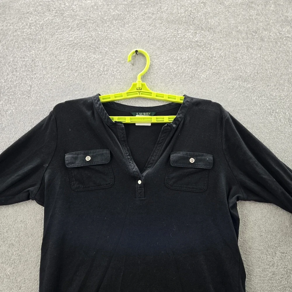 Lauren‎ Ralph Women Blouse L Black Button V-Neck Pullover